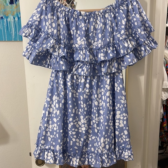 Blue Polka Dot Off the Shoulder Romper *Brand New* - Picture 2 of 6
